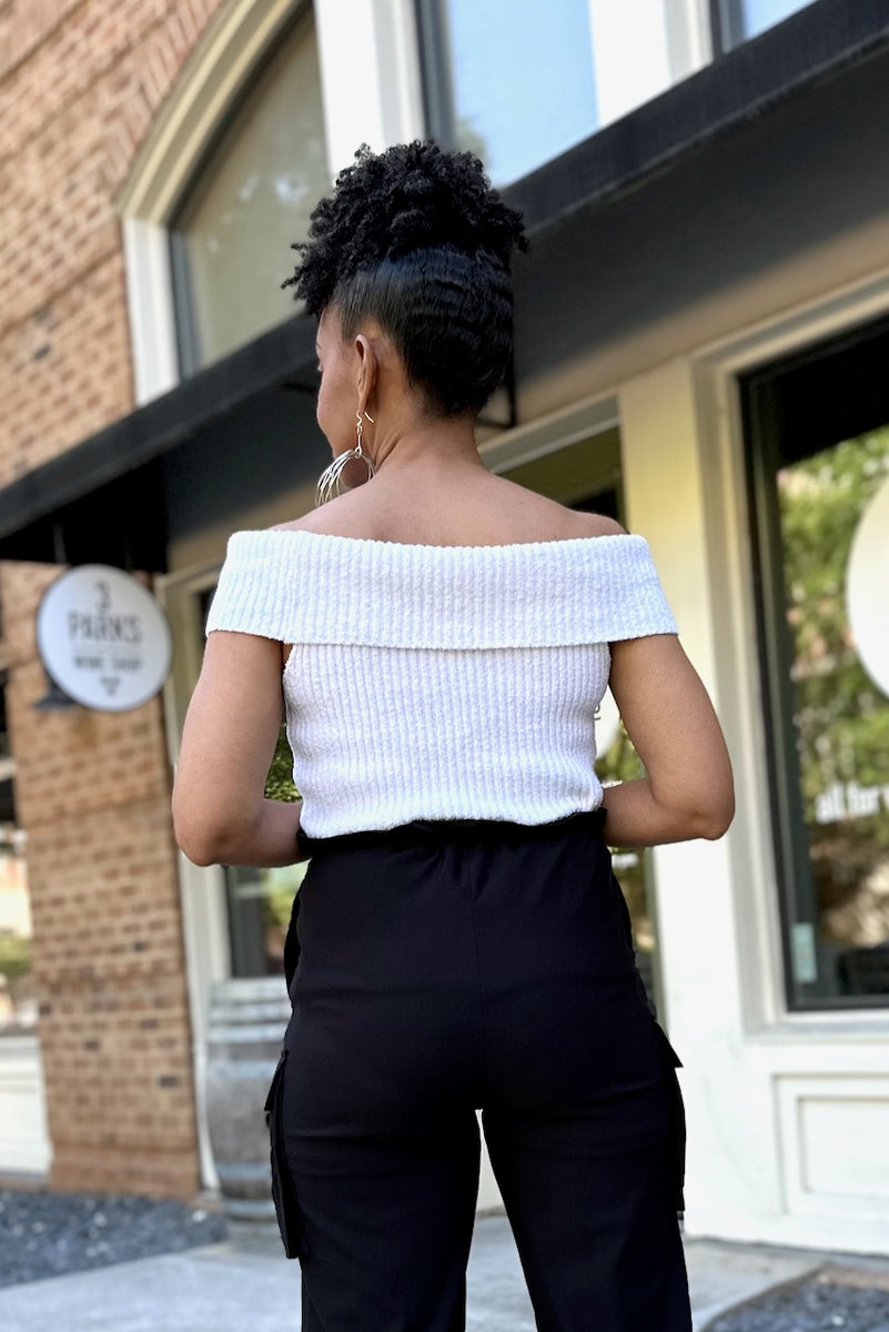 Fold Over Off Shoulder Knit Top-White -FINAL SALE