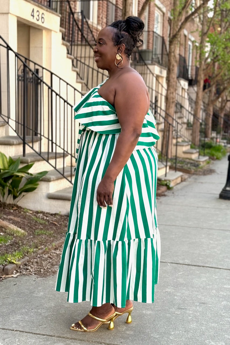 Curvy Stripe Ruffle 1-Shoulder Belted Dress -FINAL SALE