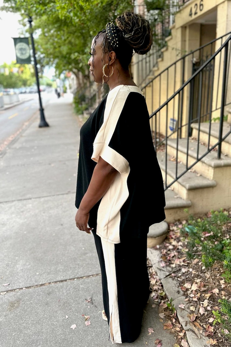 Curvy Side Stripe Boatneck Top & Wide Leg Pant Set -Black