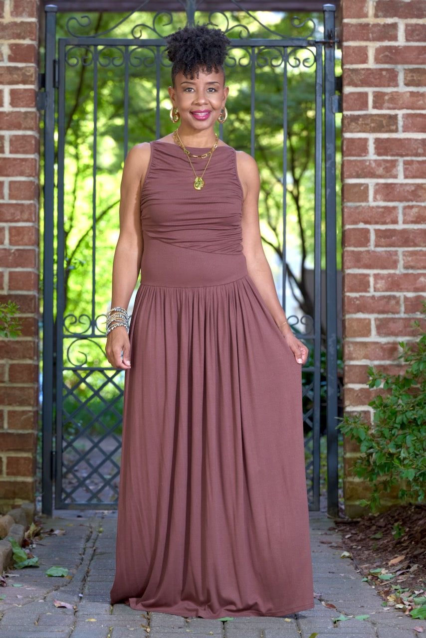 Ruched Drop Waist Maxi Dress -Brown- FINAL SALE Ruched Drop Waist Maxi Dress -Brown- FINAL SALE