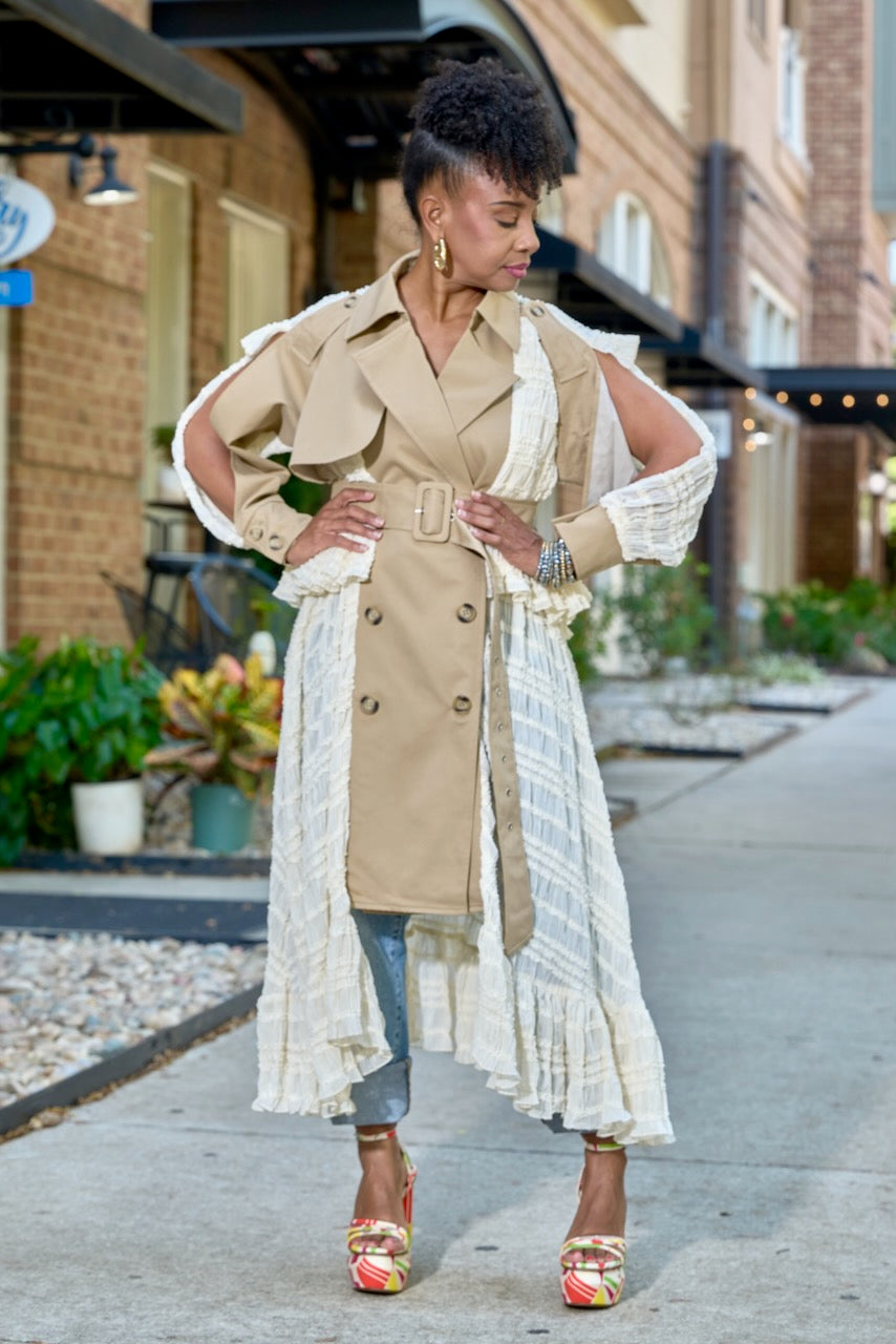 Contrast Over Trench ／NotE Slit Sleeve Ruffle Hem Contrast Trench- FINAL SALE