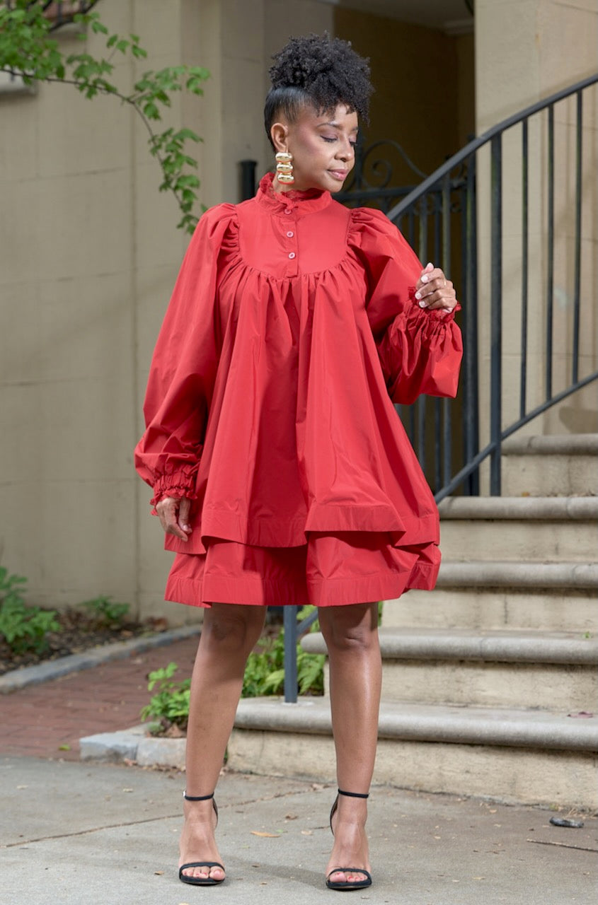 Lace Mock Neck Ruffle Hem Mini- Red –