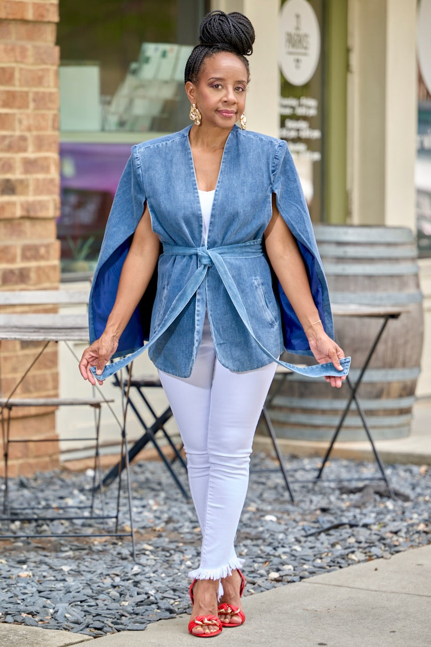 Denim Belted Cape Jacket pinkskyboutique