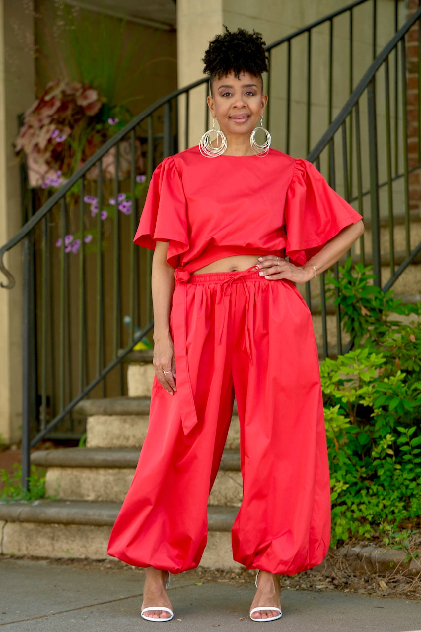 Red ruffle crop top sales