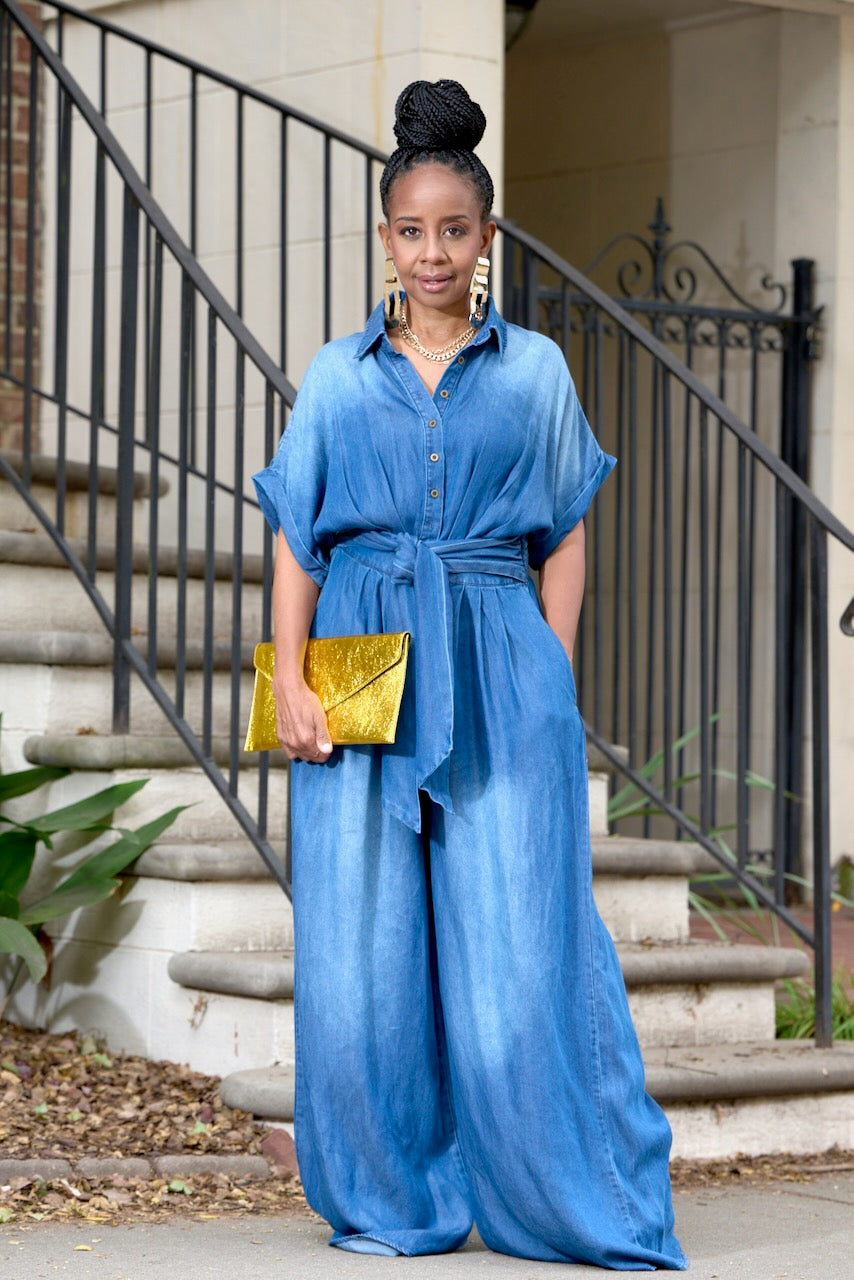 Tie waist denim jumpsuit hotsell