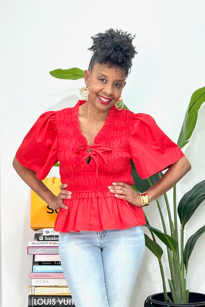 Smocked Tie Front Peplum Top- Red- FINAL SALE – pinkskyboutique.com