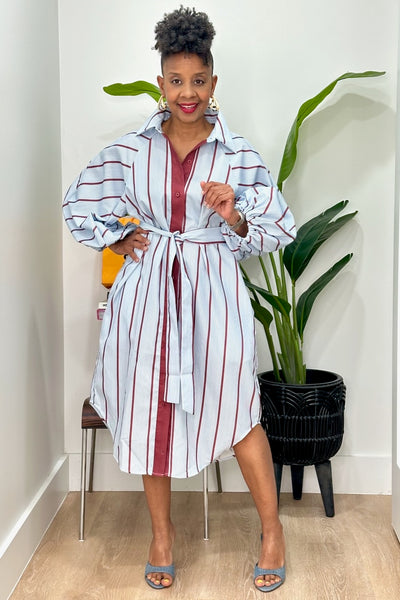 long sleeve pinstripe dress Bubble Sleeve Pinstripe Midi Shirt Dress- Navy – pinkskyboutique.com