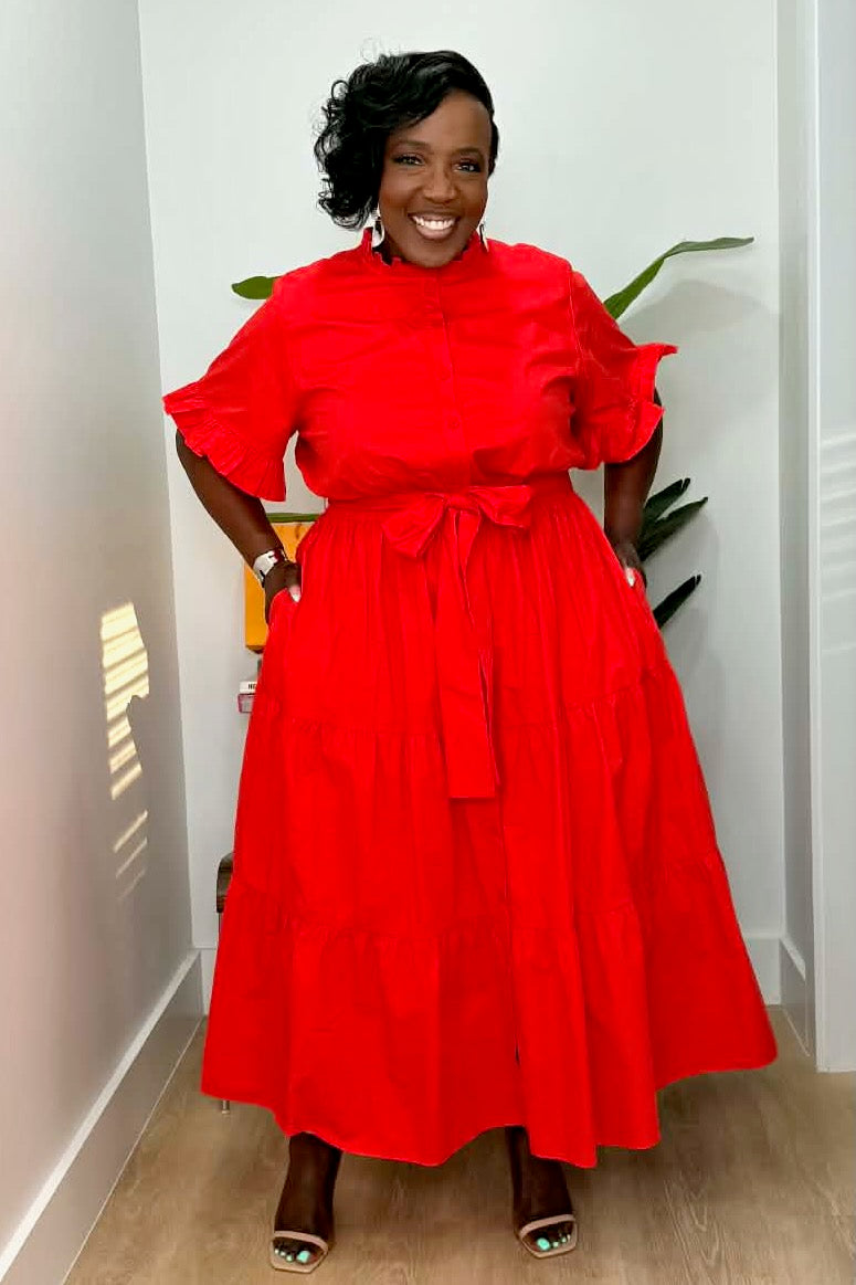 plus size ruffle midi dress Curvy Ruffle Edge Belted Midi Dress – pinkskyboutique.com
