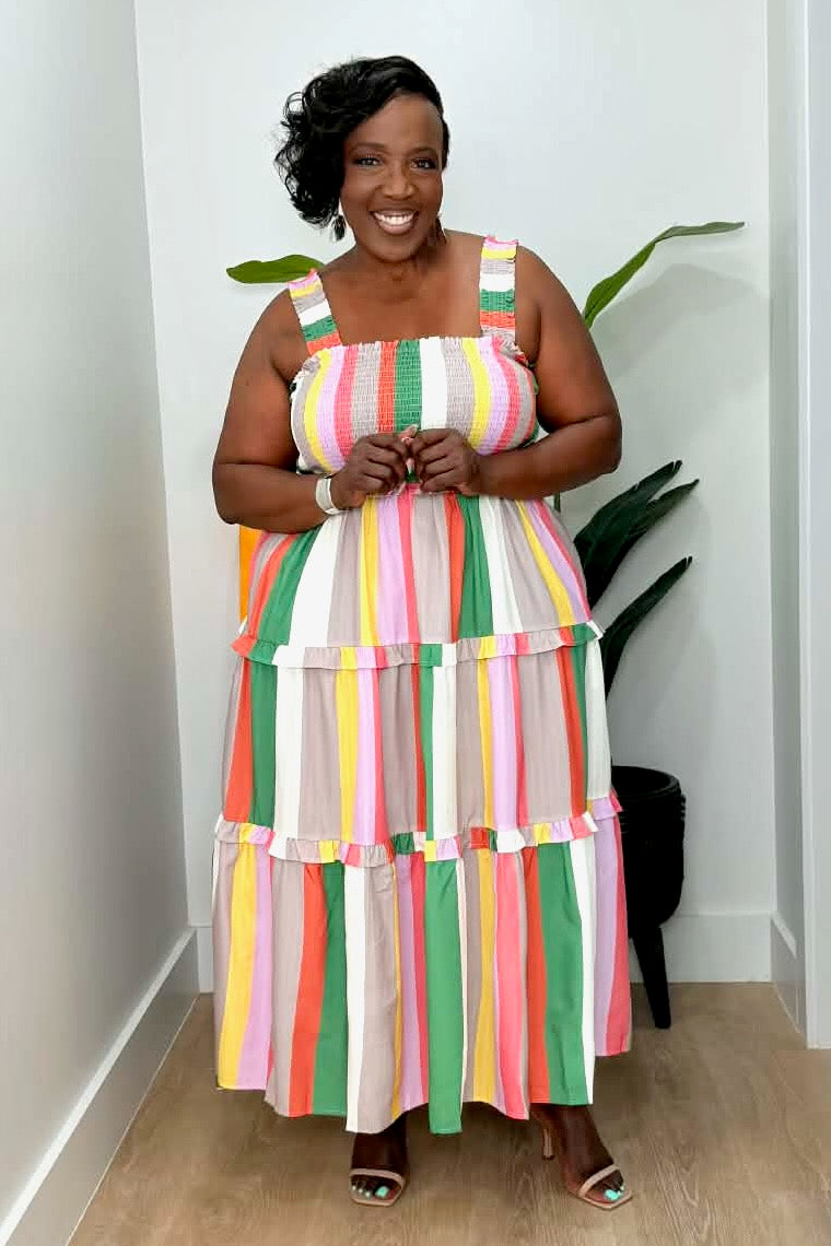 striped midi summer dress Curvy Colorful Stripe Tiered Midi Dress – pinkskyboutique.com