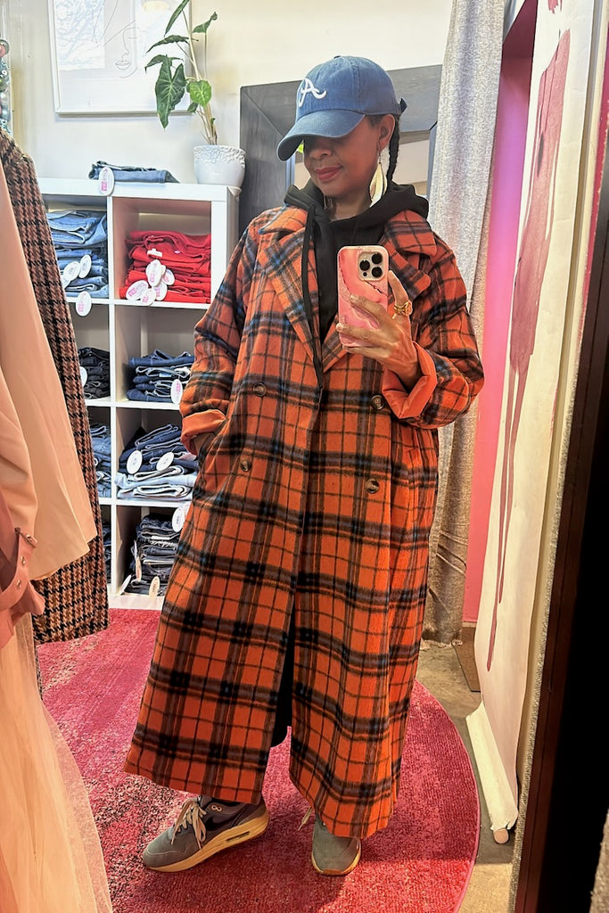 Orange Plaid Longline Coat – pinkskyboutique.com
