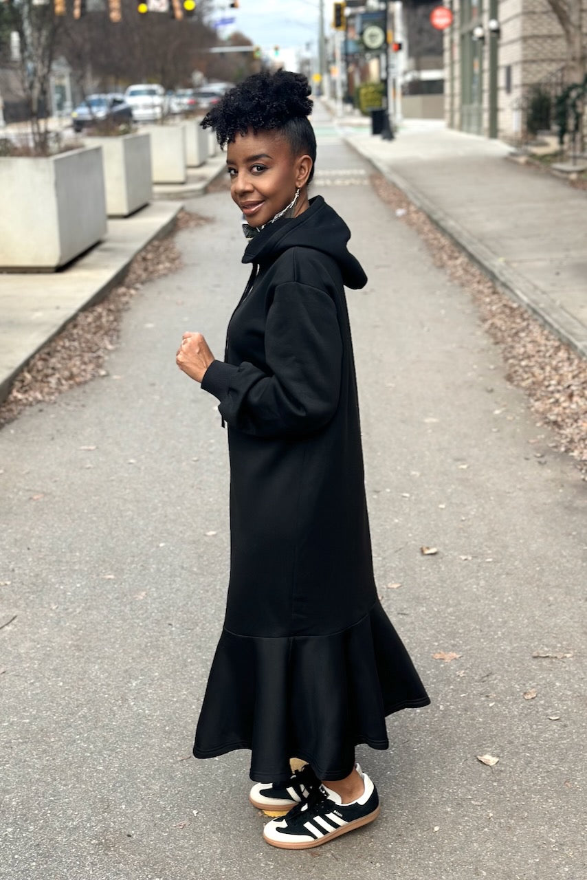 Flounce Hem Hoodie Sweatshirt Dress -Black – pinkskyboutique.com