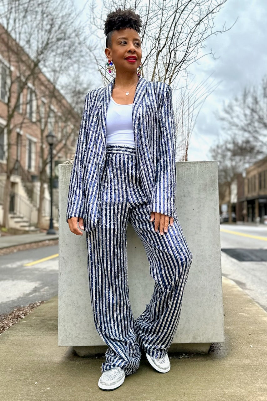 Navy Sequin Blazer Wide Leg Pant Set FINAL SALE pinkskyboutique
