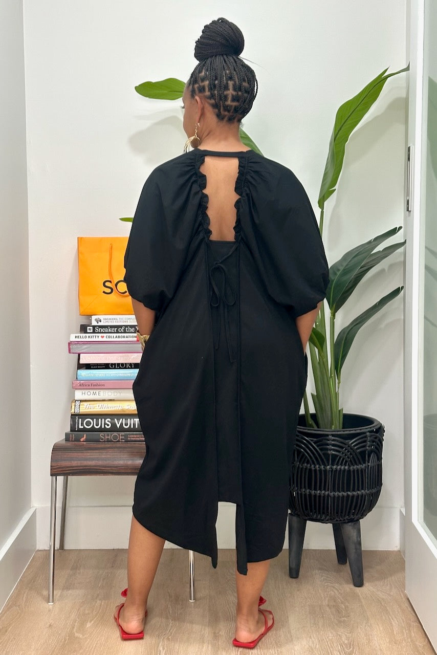 Puff Sleeve Draw Cut Out Midi Dress- Black 9S-XL) –