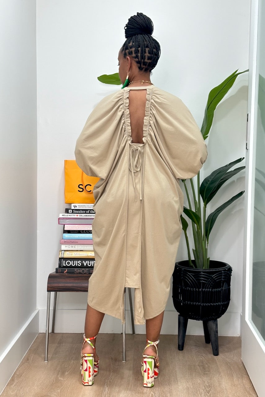 Puff Sleeve Draw Cut Out Midi Dress- Taupe (S-XL)