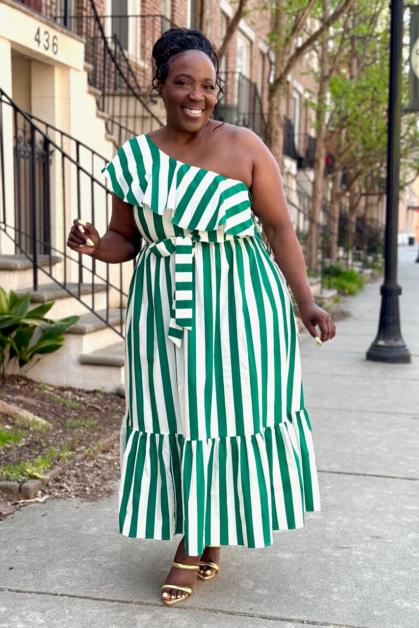 Curvy Stripe Ruffle 1-Shoulder Belted Dress -FINAL SALE –
