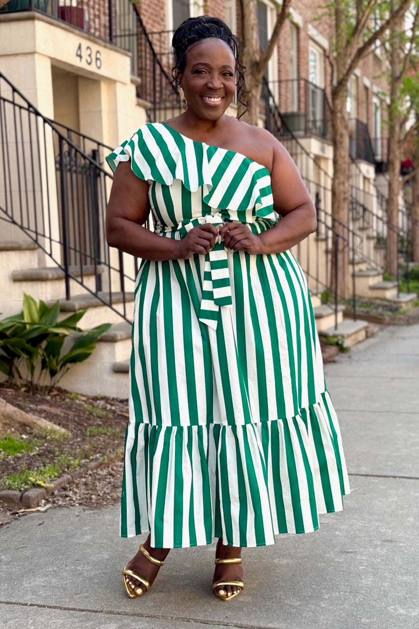 Curvy Stripe Ruffle 1-Shoulder Belted Dress -FINAL SALE pinkskyboutique.com Curvy Stripe Ruffle 1-Shoulder Belted Dress -FINAL SALE pinkskyboutique.com