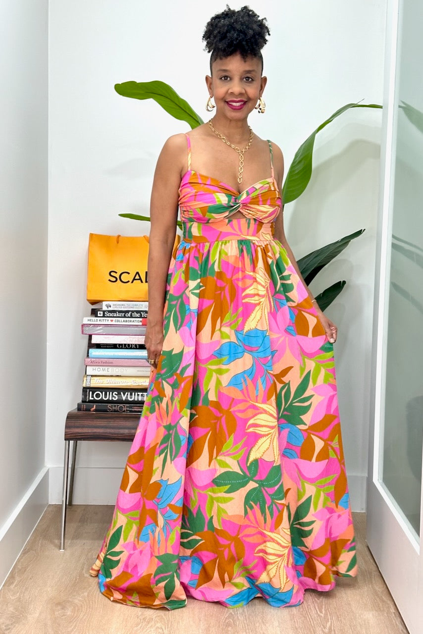 Twist Cut Out Bold Floral Maxi Dress- FINAL SALE – pinkskyboutique.com