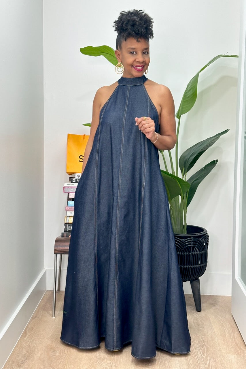 chinese dress ladies Plunging Halter-Neck Solid Denim Maxi Dress