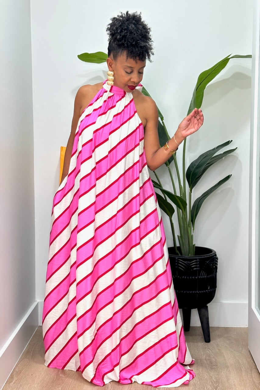 pink striped halter dress ASOS DESIGN halter maxi dress printed in pink stripe