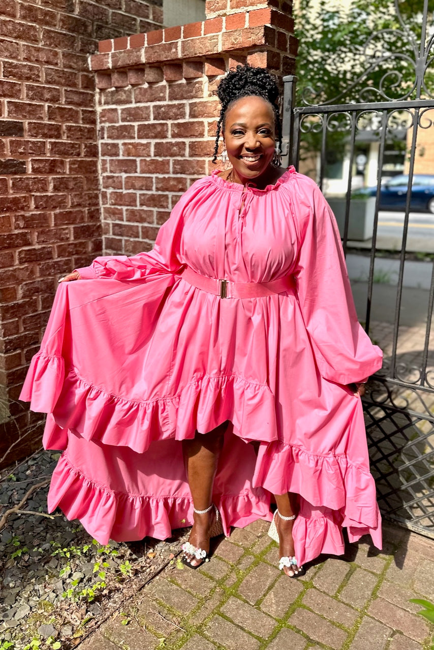 Curvy Bubble Sleeve Hi Low Belted Dress-Pink -FINAL SALE –
