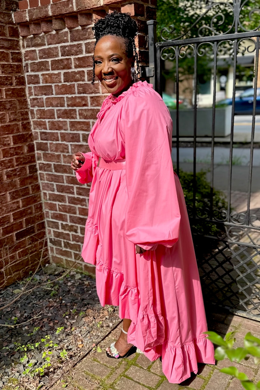 Curvy Bubble Sleeve Hi Low Belted Dress-Pink -FINAL SALE –