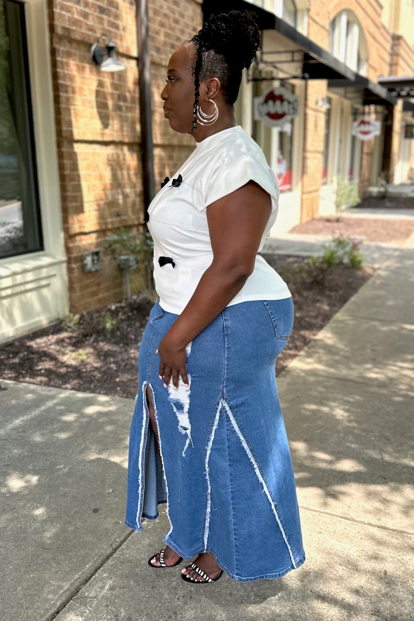 Curvy Distressed Denim Midi Skirt -FINAL SALE
