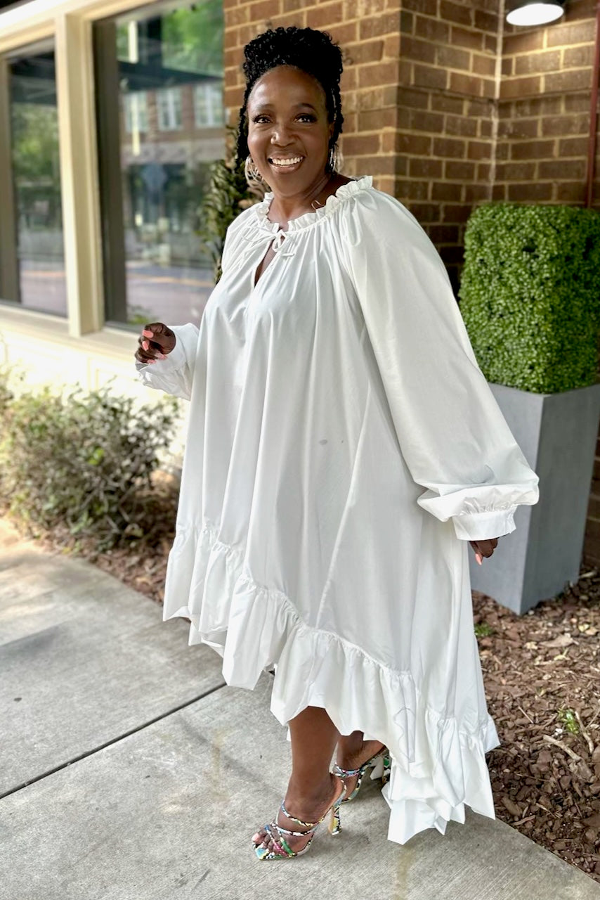 Curvy Bubble Sleeve Hi Low Belted Dress-White -FINAL SALE – pinkskyboutique.com Curvy Bubble Sleeve Hi Low Belted Dress-White -FINAL SALE – pinkskyboutique.com
