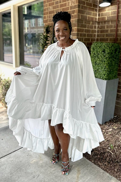 Curvy Bubble Sleeve Hi Low Belted Dress-White -FINAL SALE – pinkskyboutique.com Curvy Bubble Sleeve Hi Low Belted Dress-White -FINAL SALE – pinkskyboutique.com