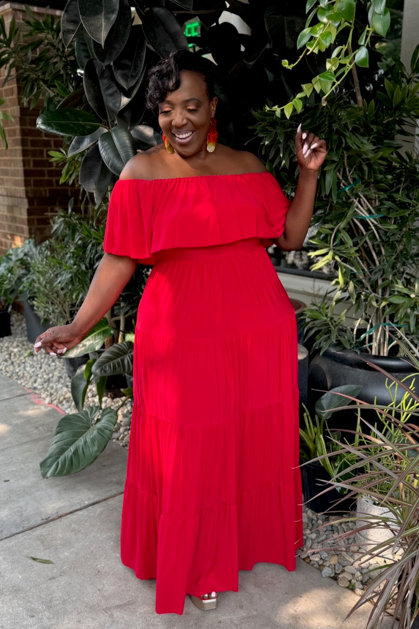 Fashion Plus Size Bandeau Maxi Dress Curvy Tiered Off Shoulder Maxi Dress - Red- FINAL SALE