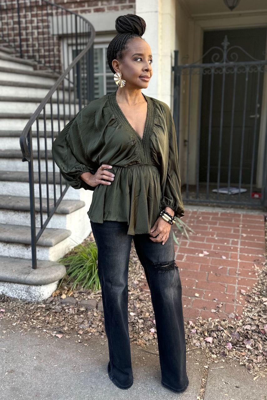 V-neck Smock Kimono Sleeve Top - Olive -FINAL SALE – pinkskyboutique.com
