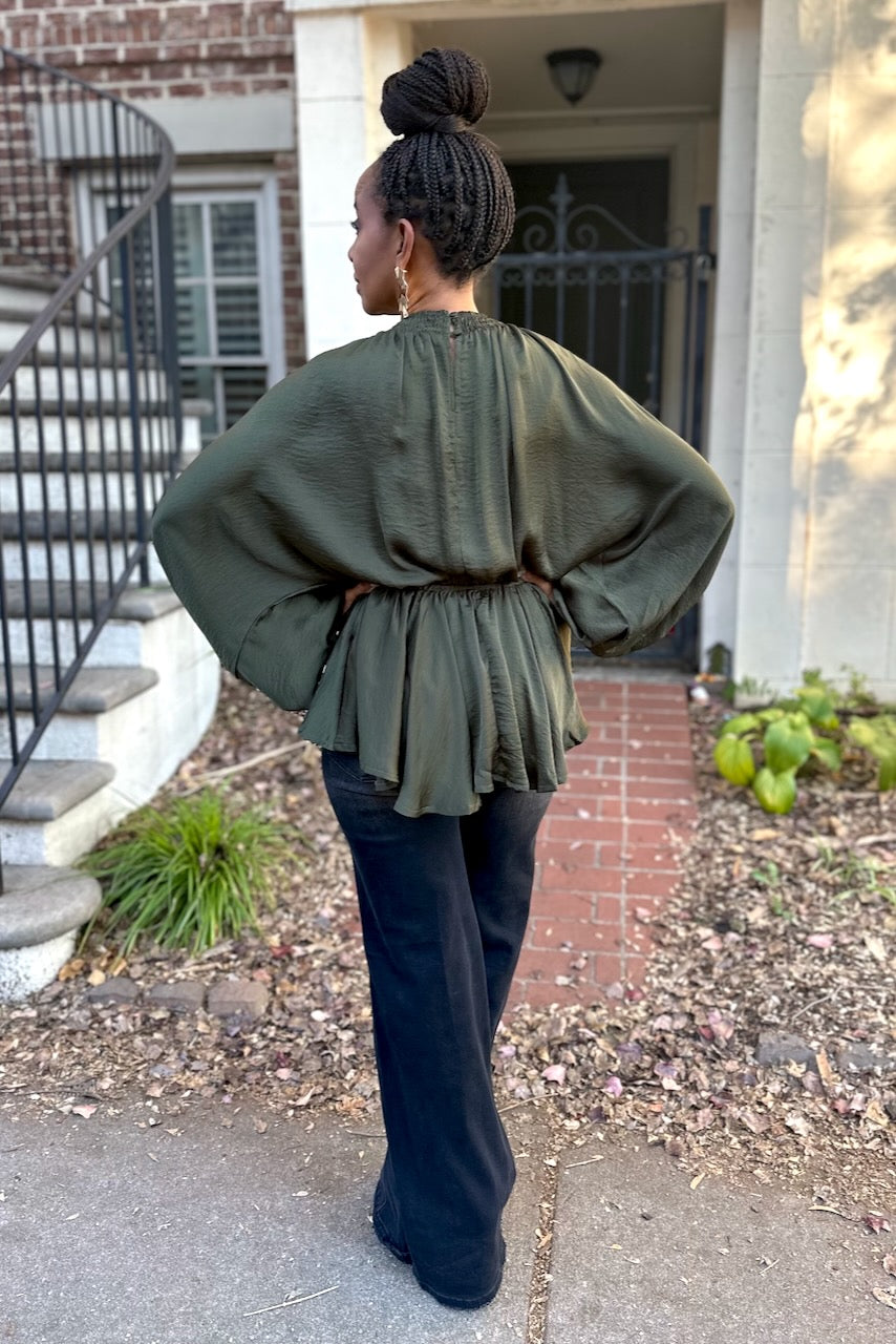 V-neck Smock Kimono Sleeve Top - Olive -FINAL SALE