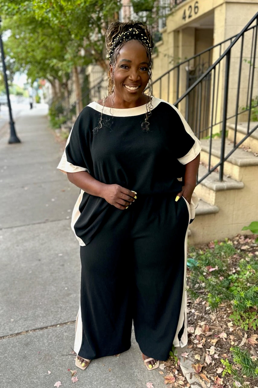 Curvy Side Stripe Boatneck Top & Wide Leg Pant Set -Black