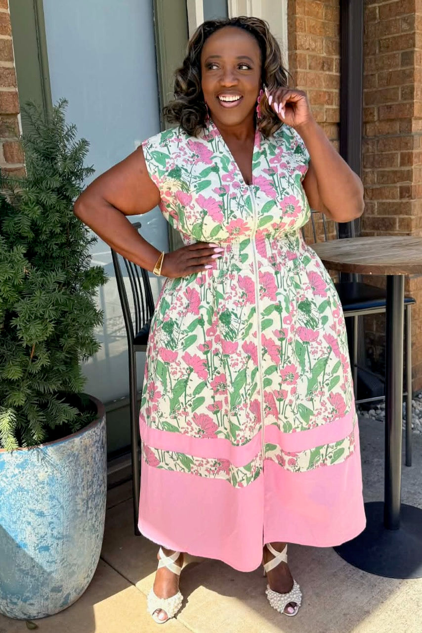 Curvy Floral Color Block Smock Waist V-Neck Dress- FINAL SALE –
