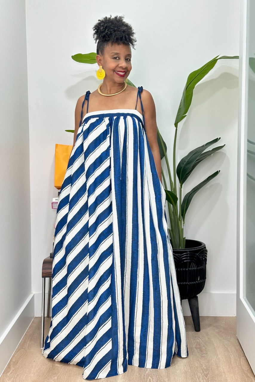 striped navy maxi dress Navy Stripe Georgette Maxi Dress  self-portrait-US