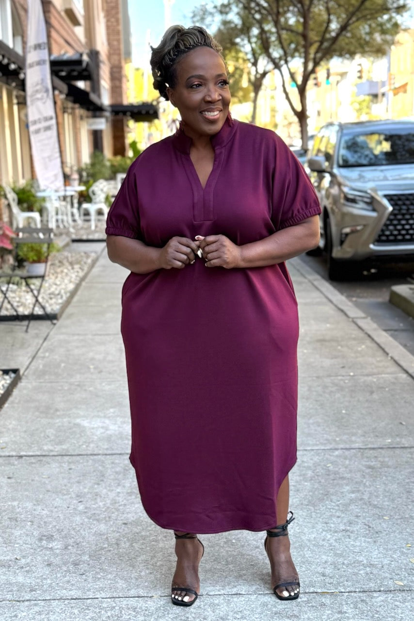 Curvy V-neck Elastic Sleeve Midi Dress -Burgundy pinkskyboutique.com Curvy V-neck Elastic Sleeve Midi Dress -Burgundy pinkskyboutique.com