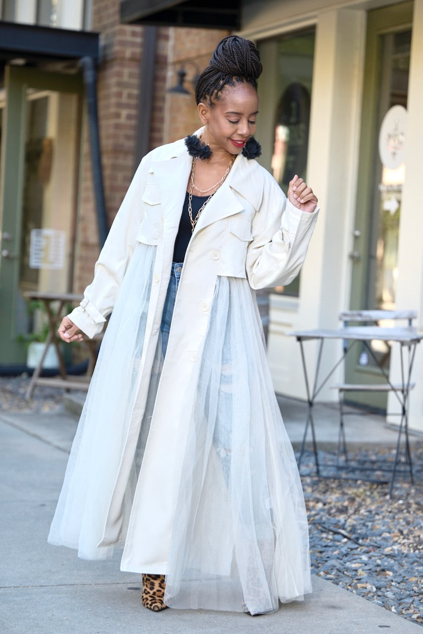 Tulle Bottom Trench Jacket -Ivory -FINAL SALE – pinkskyboutique.com 