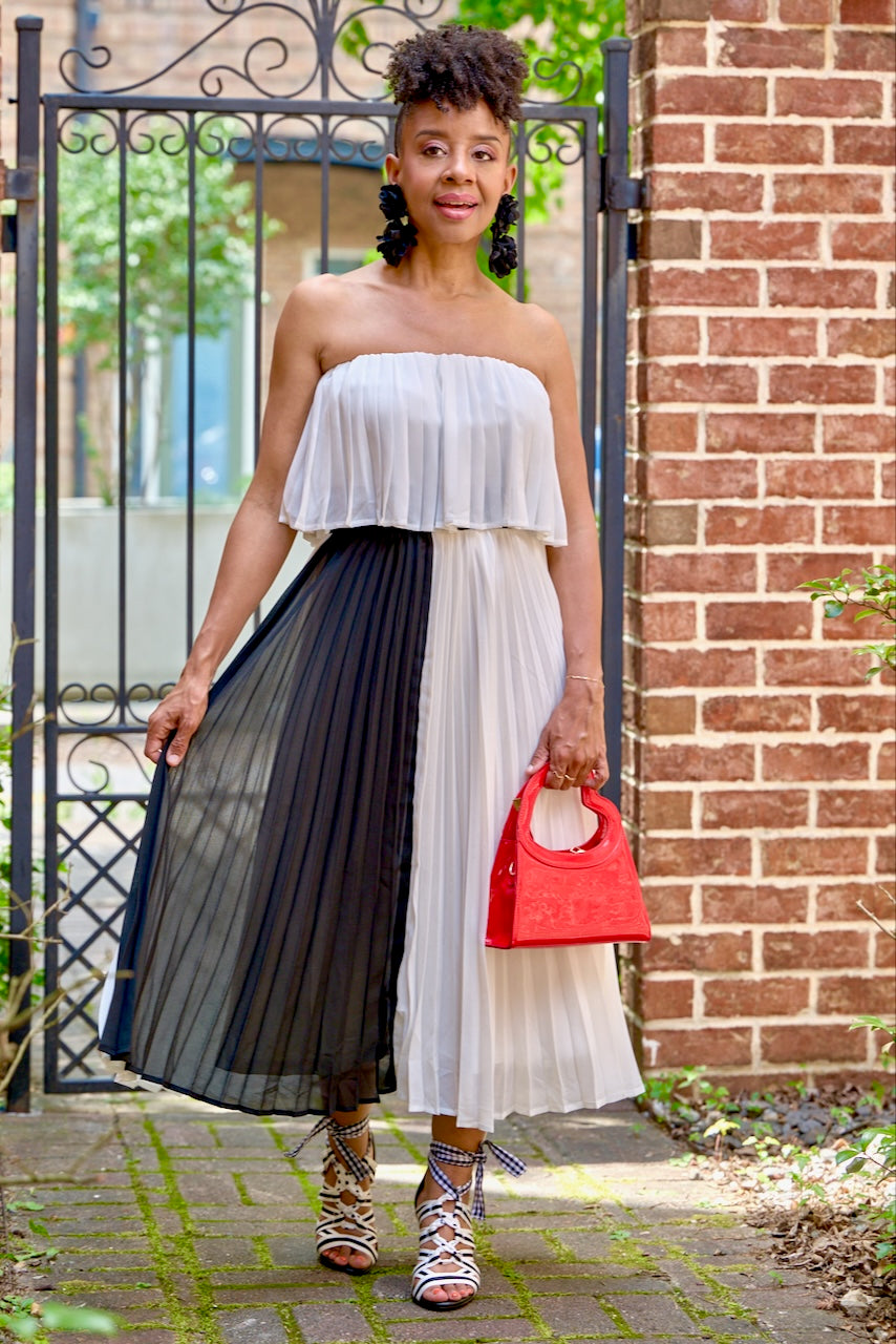 Pleat Colorblock Strapless Midi Dress White Black FINAL SALE pinkskyboutique