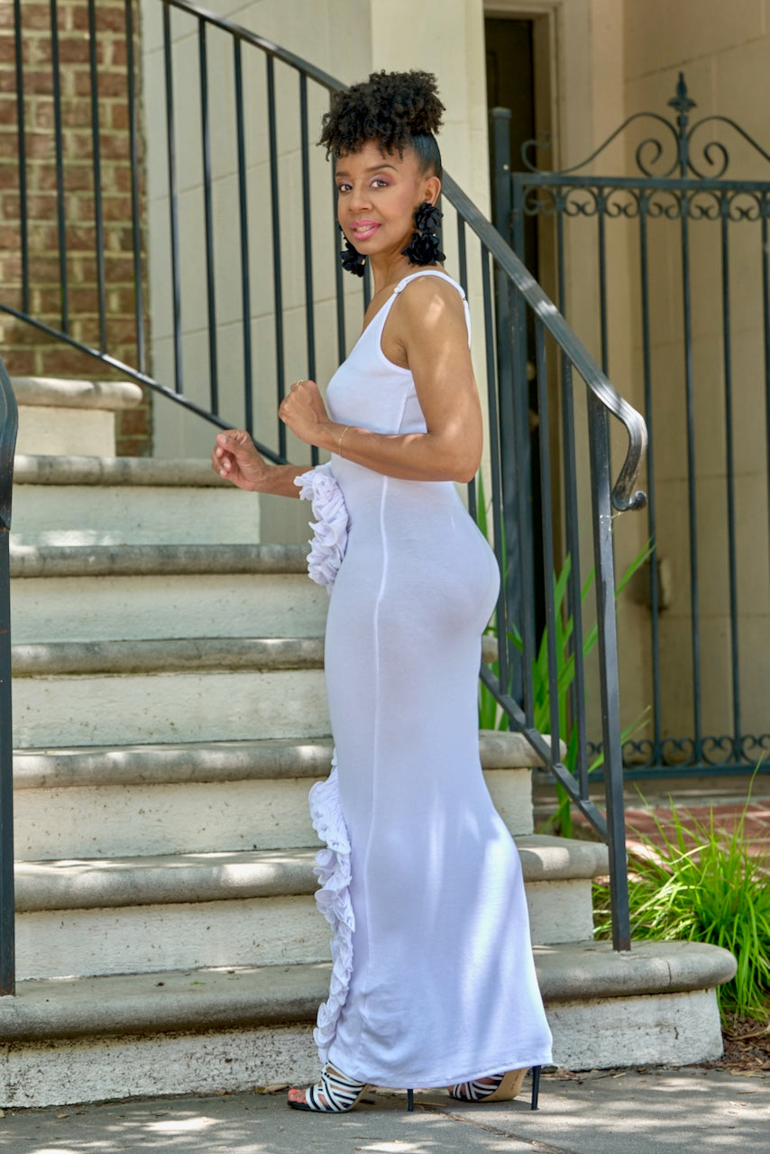 Ruffle Ribbed Tank Maxi Dress-White -FINAL SALE –