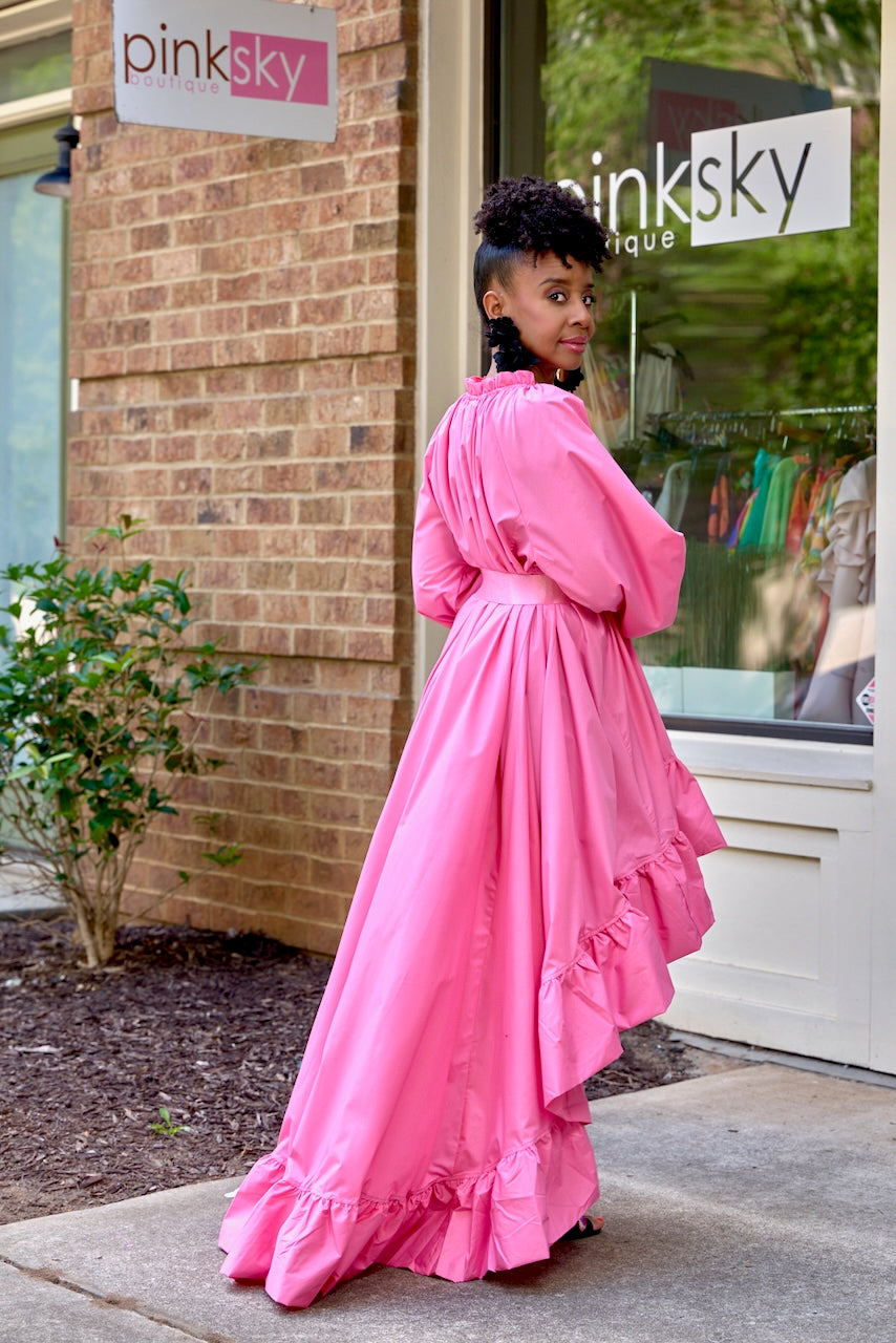 Belted pink high low dress and cardigan sales