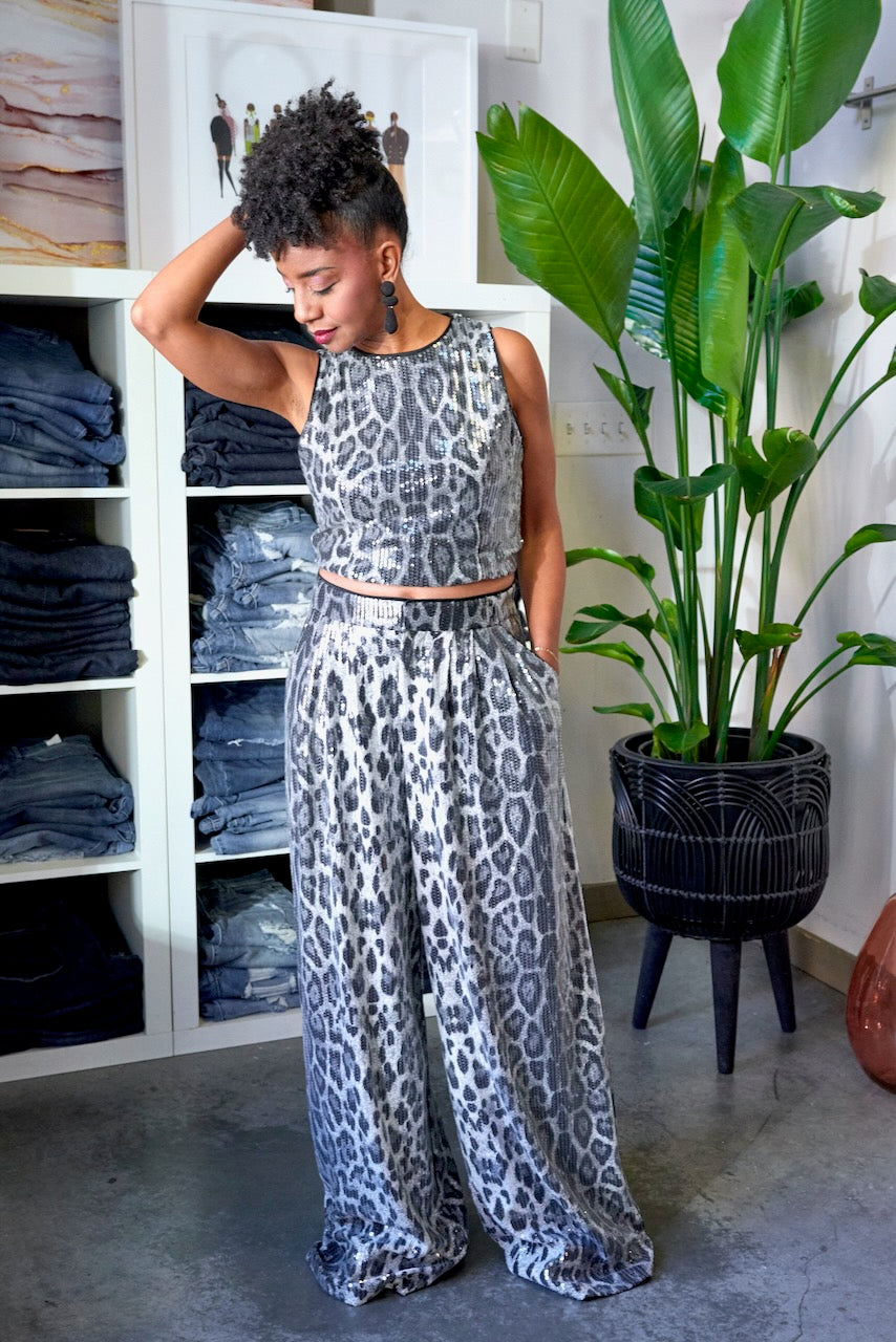 Leopard Sequin Top & Wide Leg Pant Set -FINAL SALE